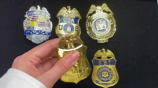 China Wholesale Custom Logo Metal Souvenir Us Sheriff Pilot Security Officer Shield Metal Badge with Leather Clip 